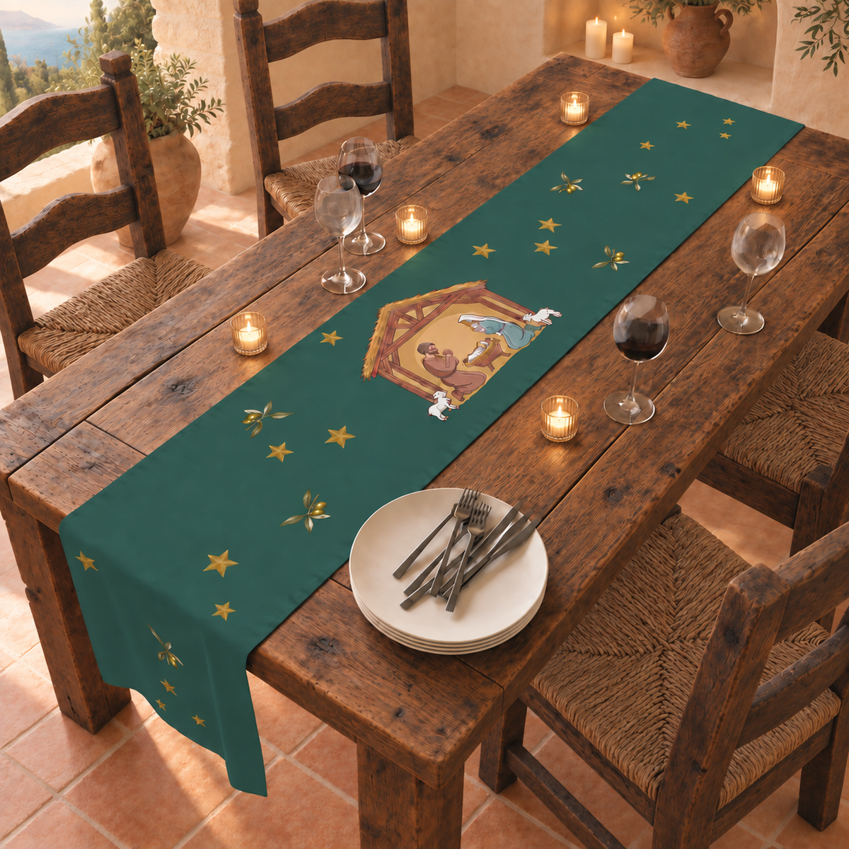 Nativity & Olive Christmas table runner on a laid table, the nativity stable and two lambs on deep green