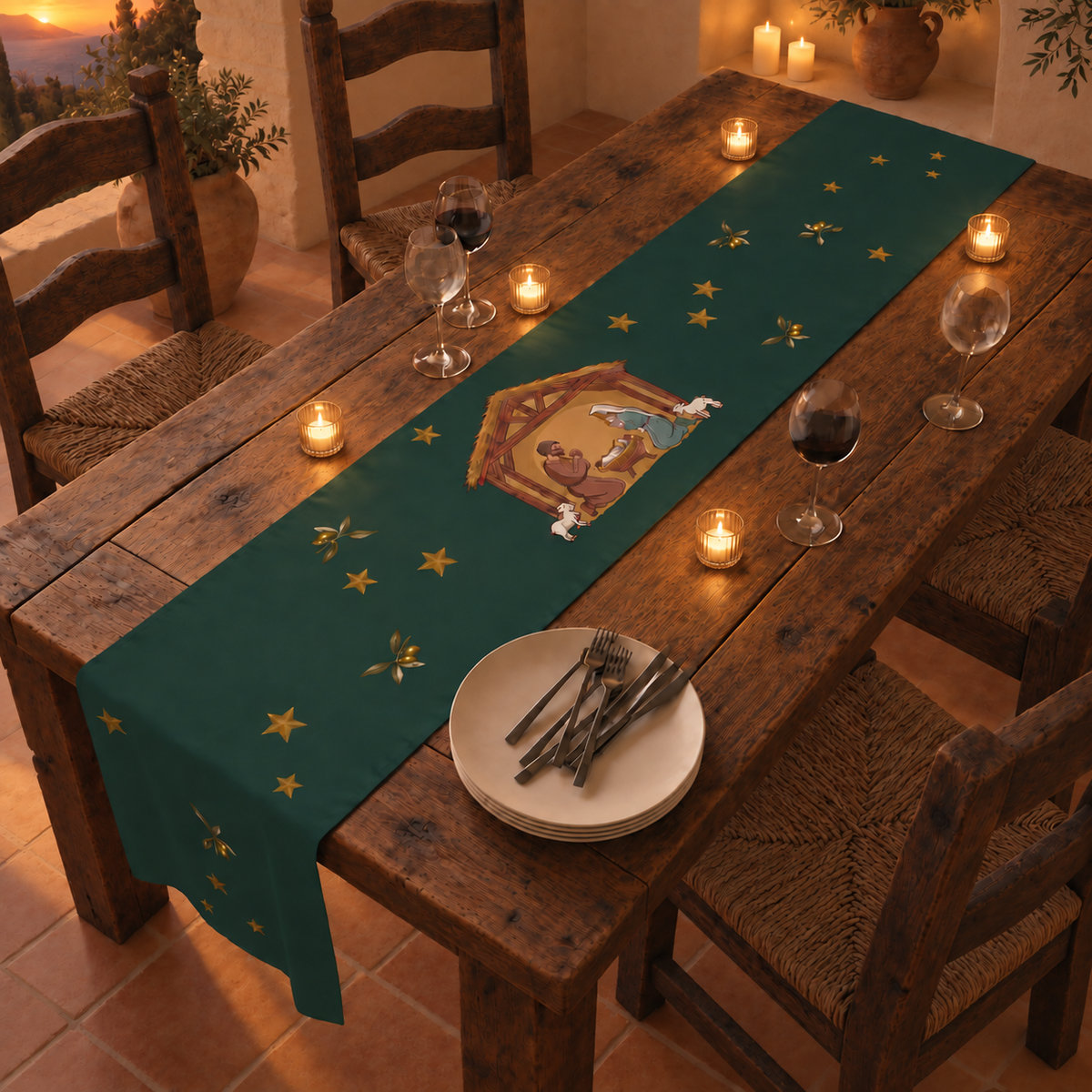 Nativity & Olive Christmas table runner in a Christmas table setting, gold stars scattered over the deep green ground