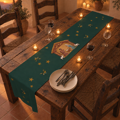 Nativity & Olive Christmas table runner in a Christmas table setting, gold stars scattered over the deep green ground