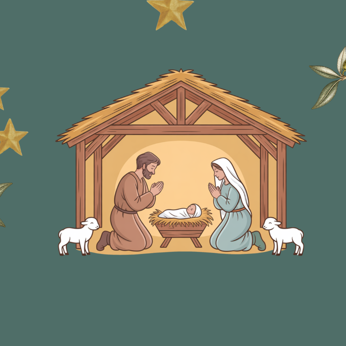 Close-up of the Nativity & Olive Christmas table runner print, Mary and Joseph kneeling at the manger