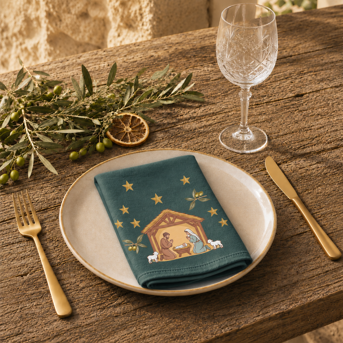 Nativity & Olive Christmas cloth napkin on a laid Christmas table, gold stars and olive sprigs on deep green