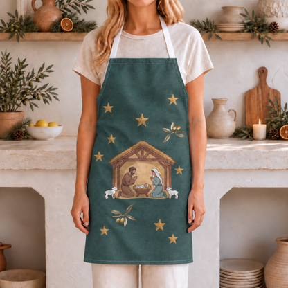 Nativity & Olive Christmas apron worn in a kitchen, front view, the nativity stable on deep green