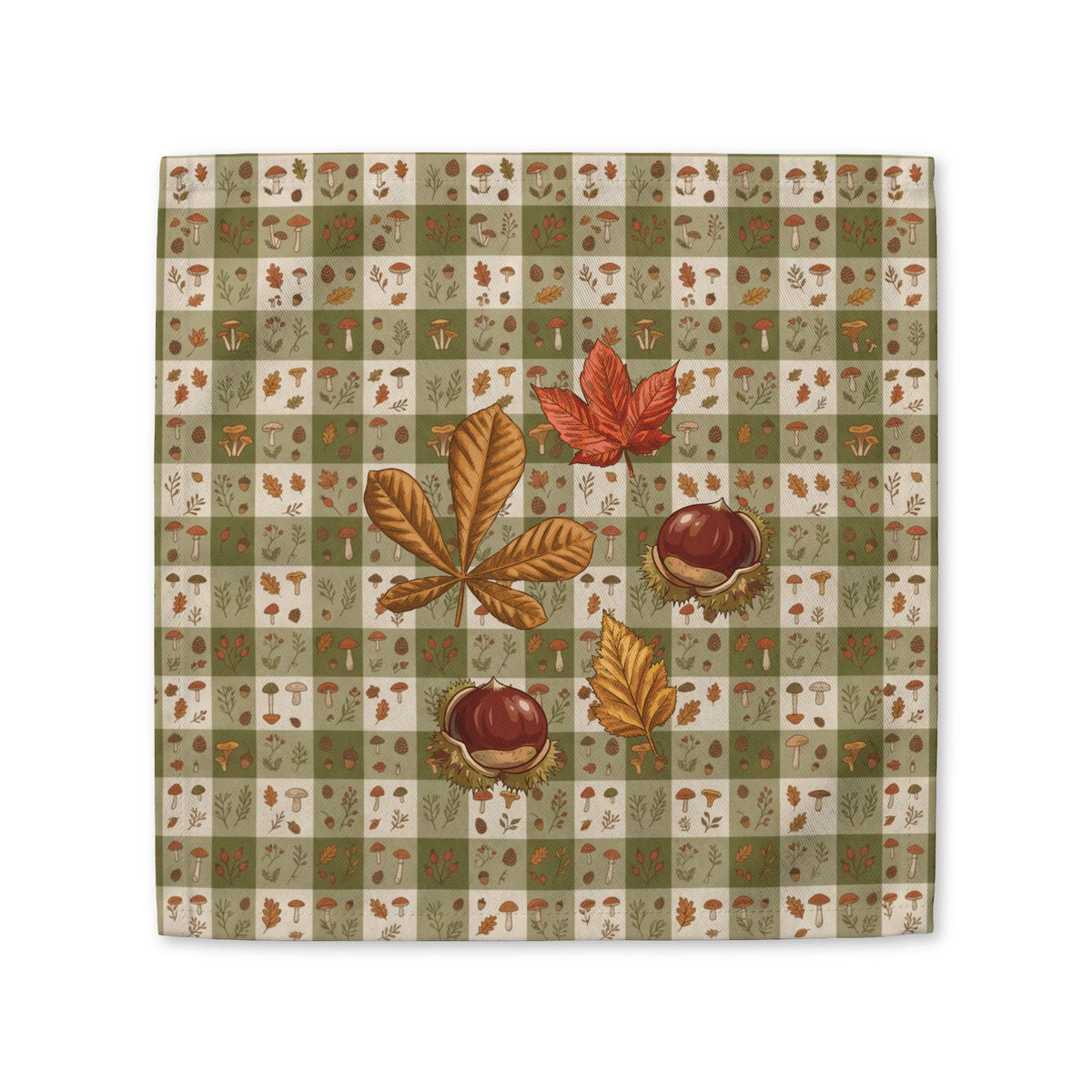 Chestnut & Mushroom fall cloth napkin, olive green gingham with chestnuts and acorns, folded on a plate