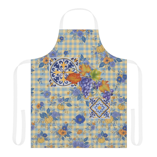 Grape & Pumpkin fall apron, grapes, pumpkins and majolica tiles on blue gingham, worn in a kitchen