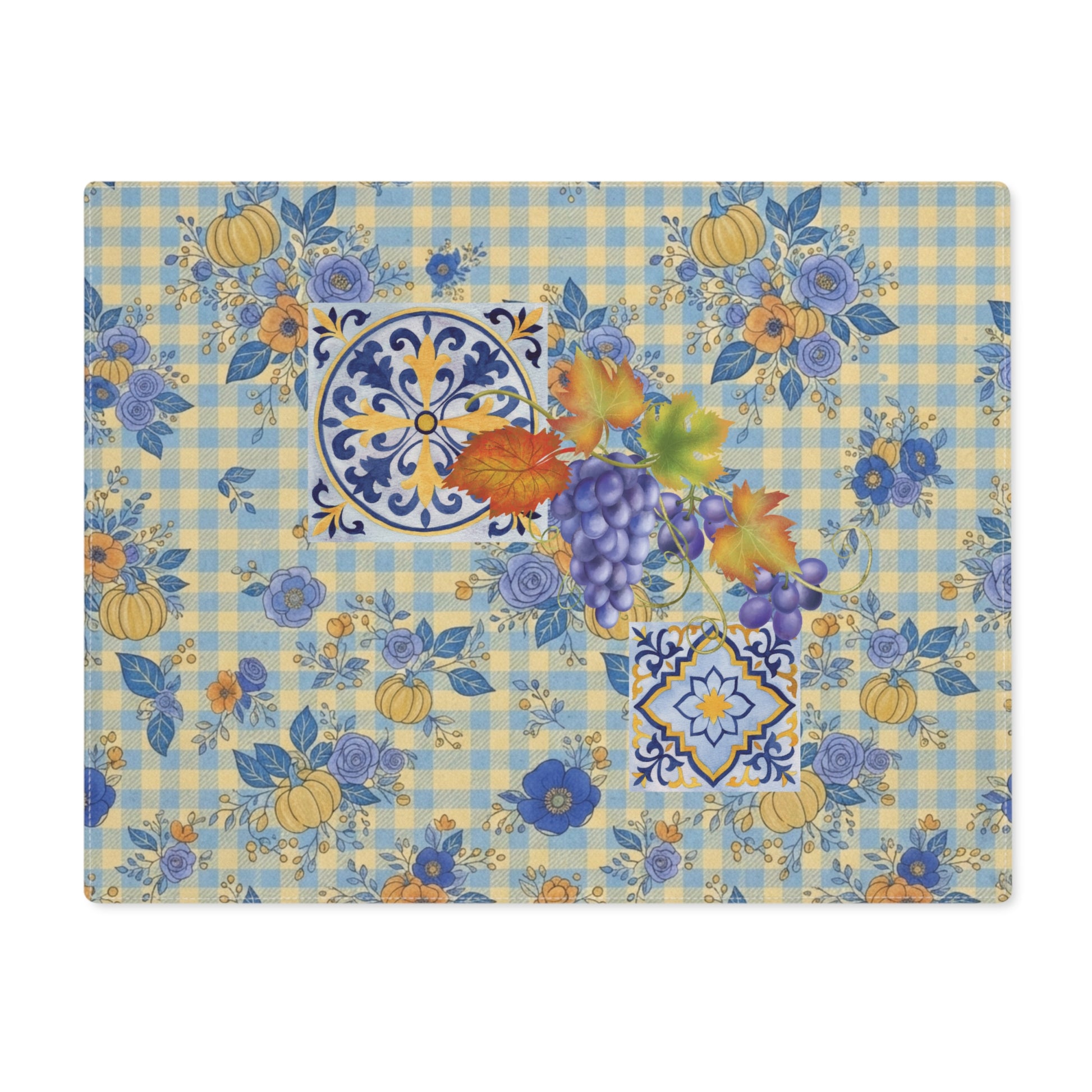 Grape & Pumpkin fall placemat, grapes and pumpkins on blue and yellow gingham, on a wooden table