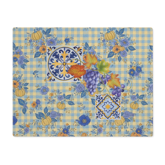 Grape & Pumpkin fall placemat, grapes and pumpkins on blue and yellow gingham, on a wooden table
