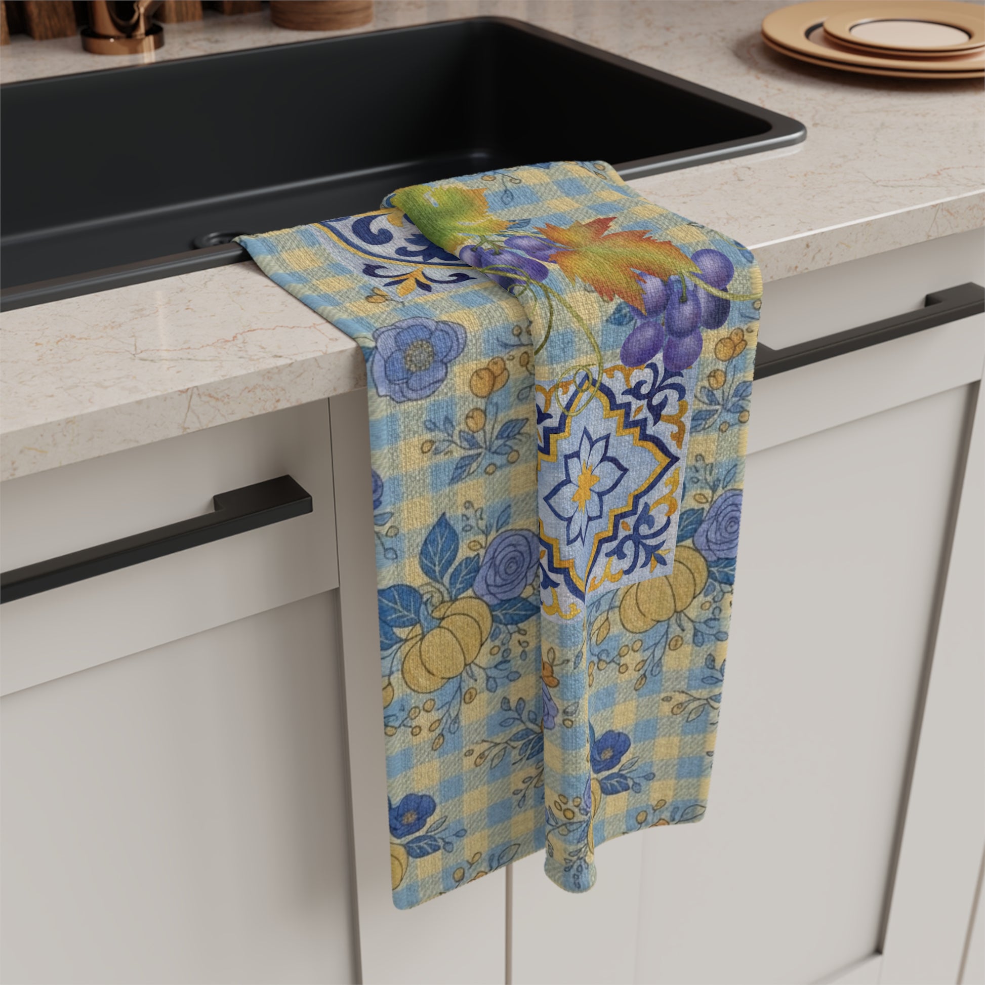 Grape & Pumpkin fall tea towel, shown flat at 16 by 25 inches
