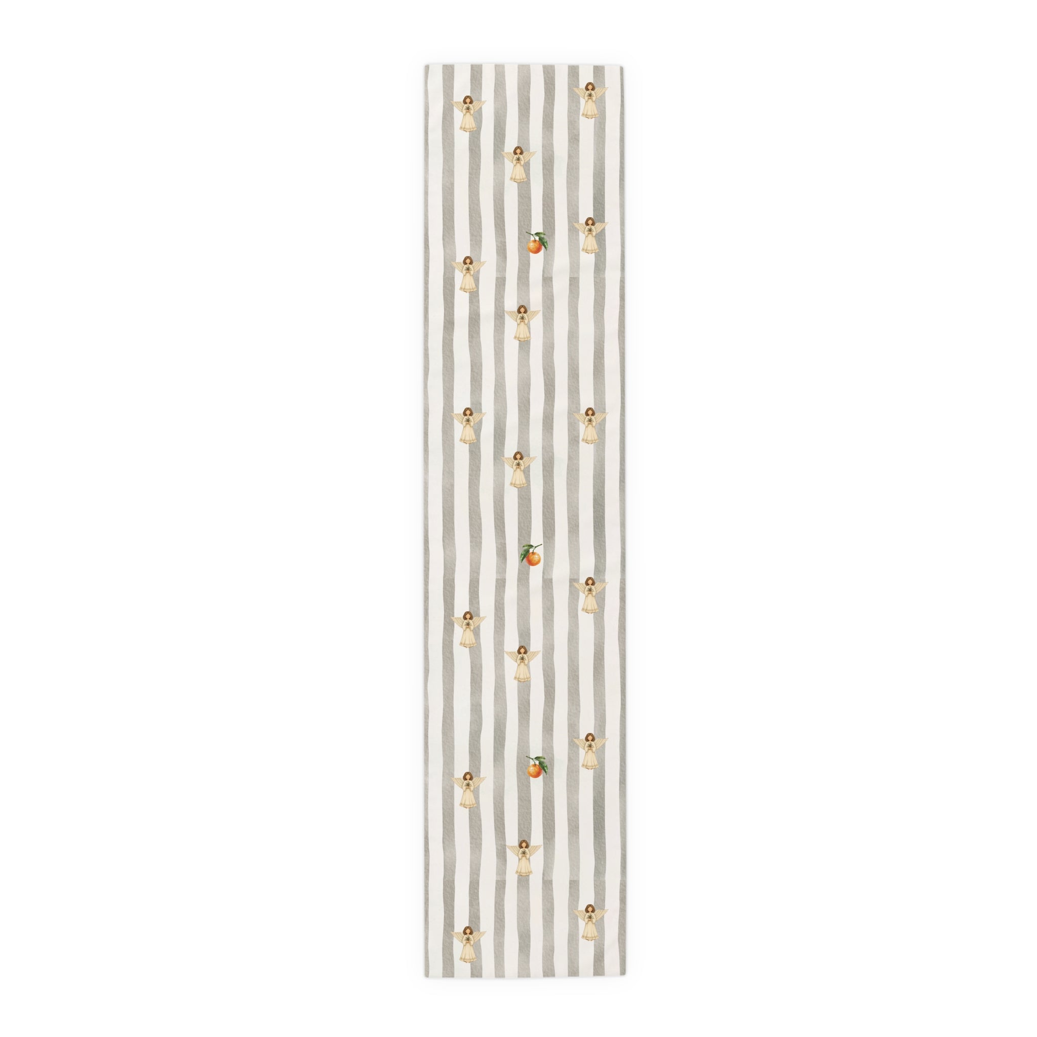 Grey and cream striped Christmas table runner with cream angels holding pine sprigs of red berries, and single oranges between them, laid flat