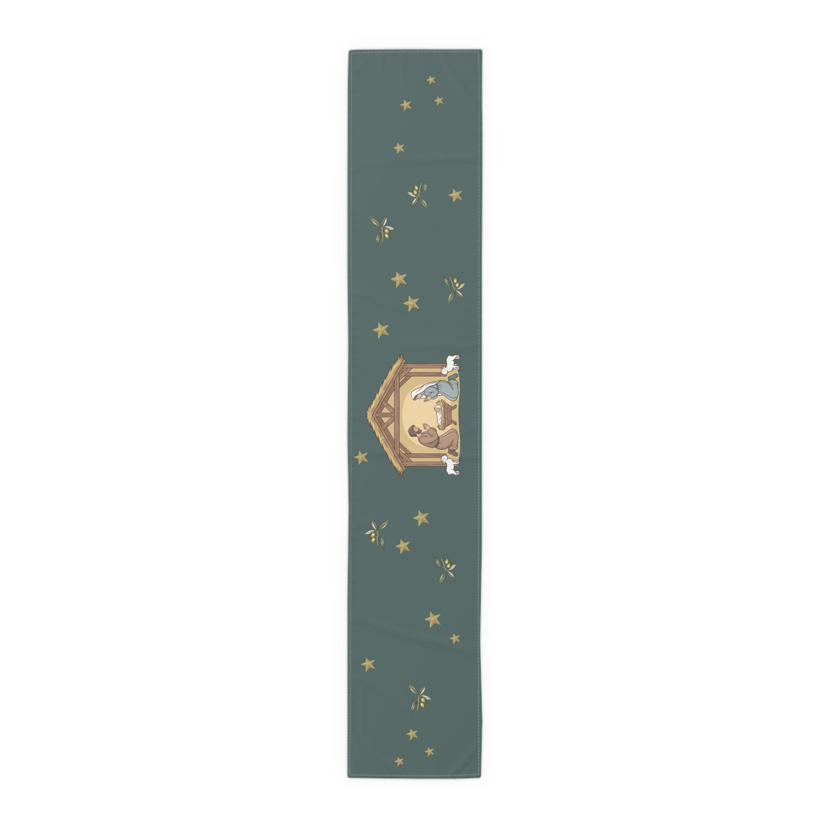 Nativity & Olive Christmas table runner at a place setting, a gold star and an olive sprig on deep green