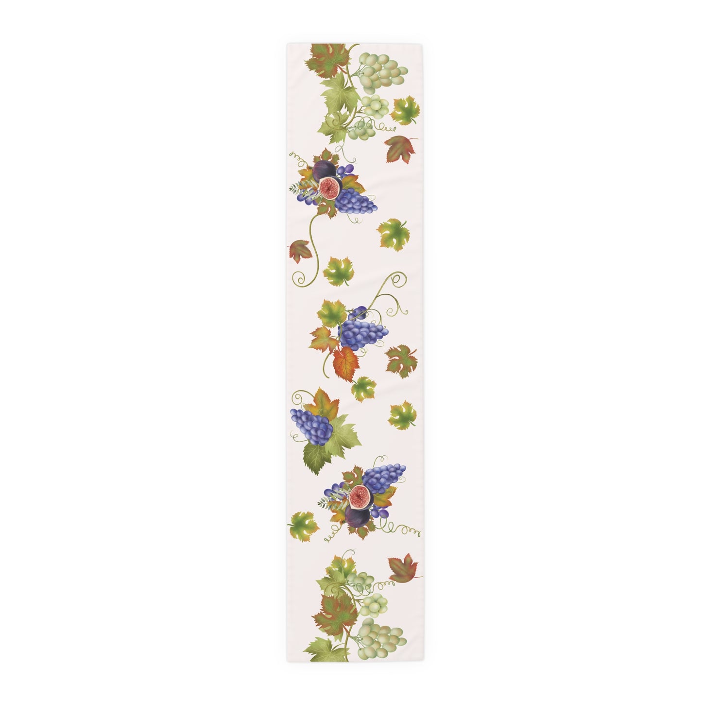 Fig & Grape fall table runner, purple grapes and turning vine leaves, on a wooden table