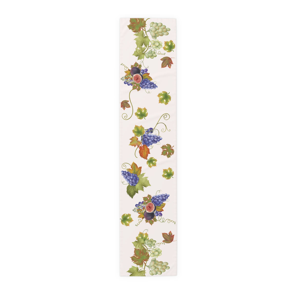 Fig & Grape fall table runner, purple grapes and turning vine leaves, on a wooden table