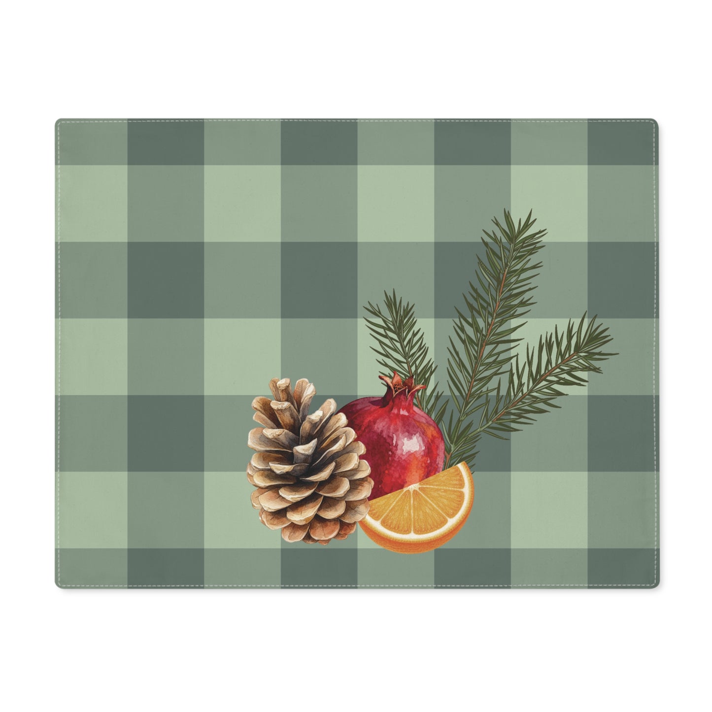 Pomegranate & Pine Gingham Christmas placemat, a pomegranate, pine cone, orange slice and gold star under a pine spray on a sage green gingham check