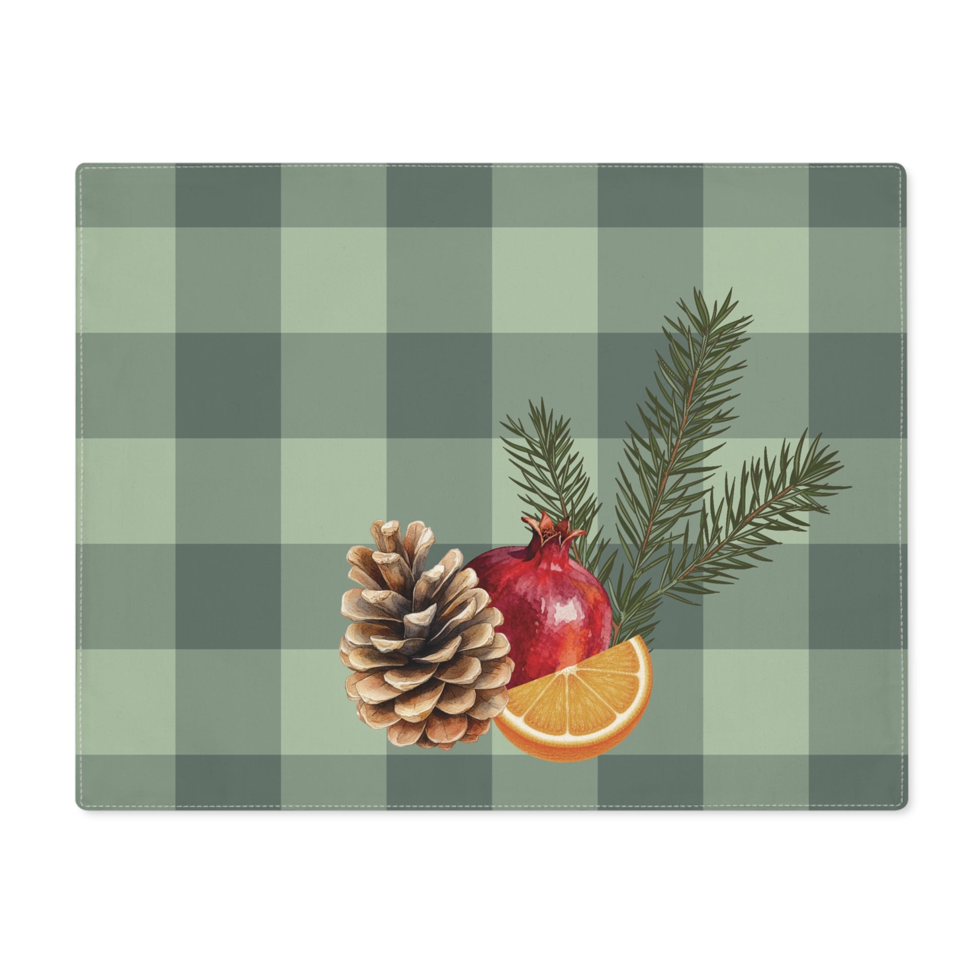 Pomegranate & Pine Gingham Christmas placemat, a pomegranate, pine cone, orange slice and gold star under a pine spray on a sage green gingham check