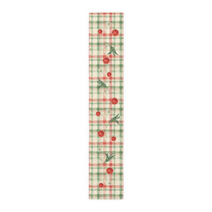 Blood Orange & Olive Plaid Christmas table runner, blood orange and olive plaid print shown full length