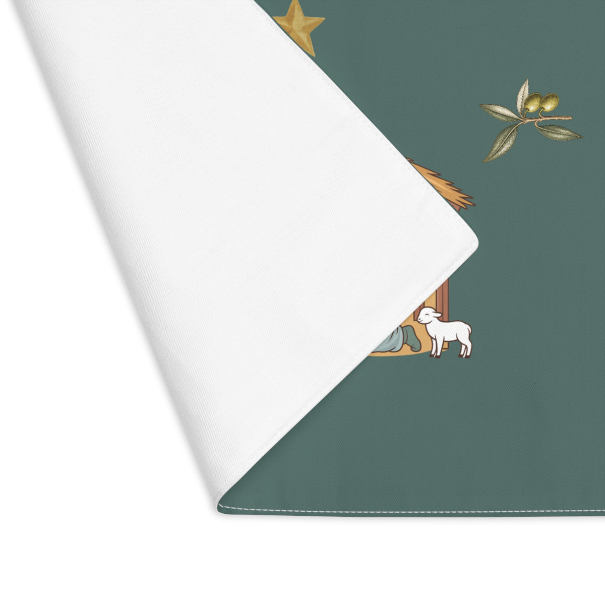Close-up of the Nativity & Olive Christmas placemat print, the child in the manger between Mary and Joseph