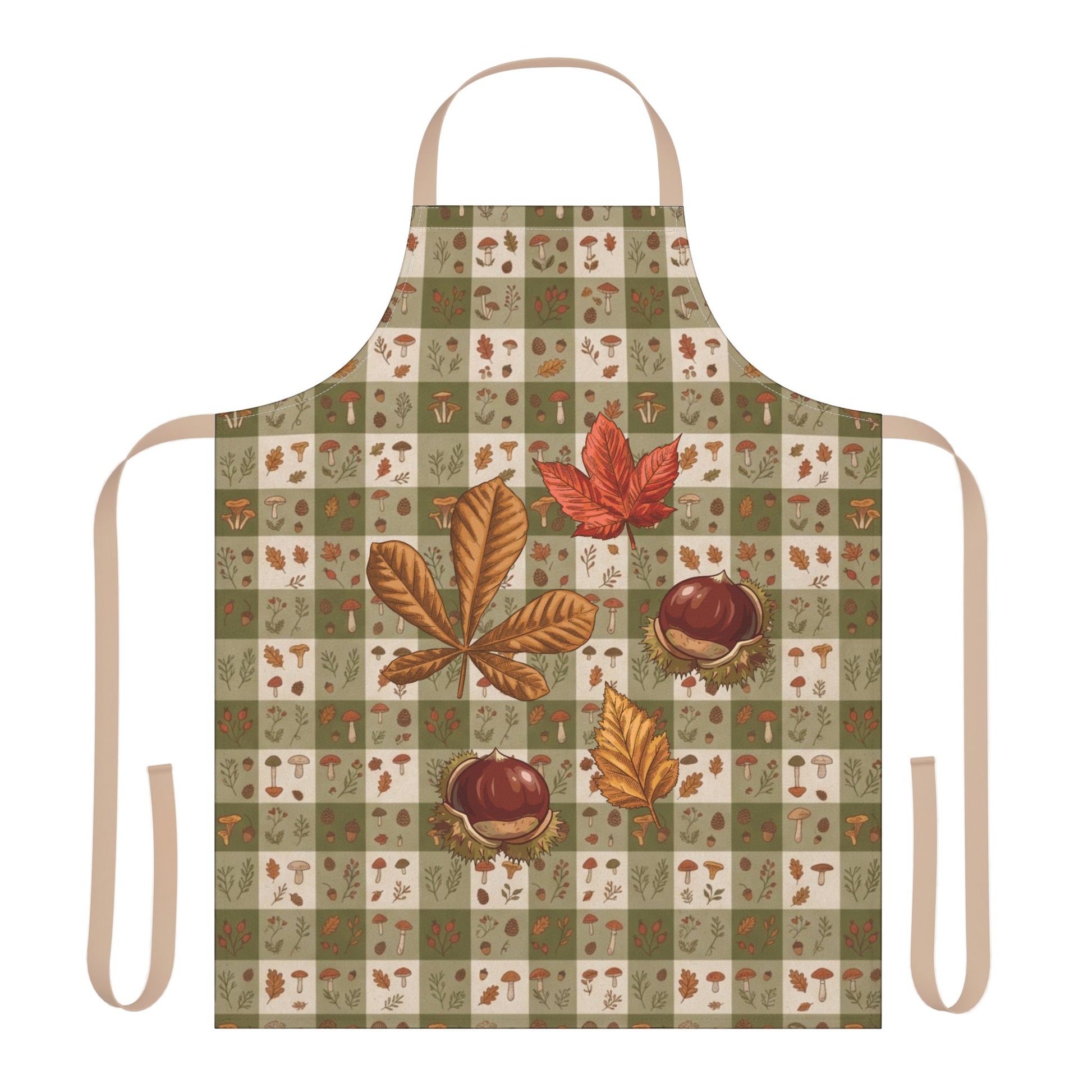 Chestnut & Mushroom fall apron, olive green gingham with chestnuts and mushrooms, worn in a kitchen