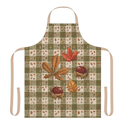 Chestnut & Mushroom fall apron, olive green gingham with chestnuts and mushrooms, worn in a kitchen