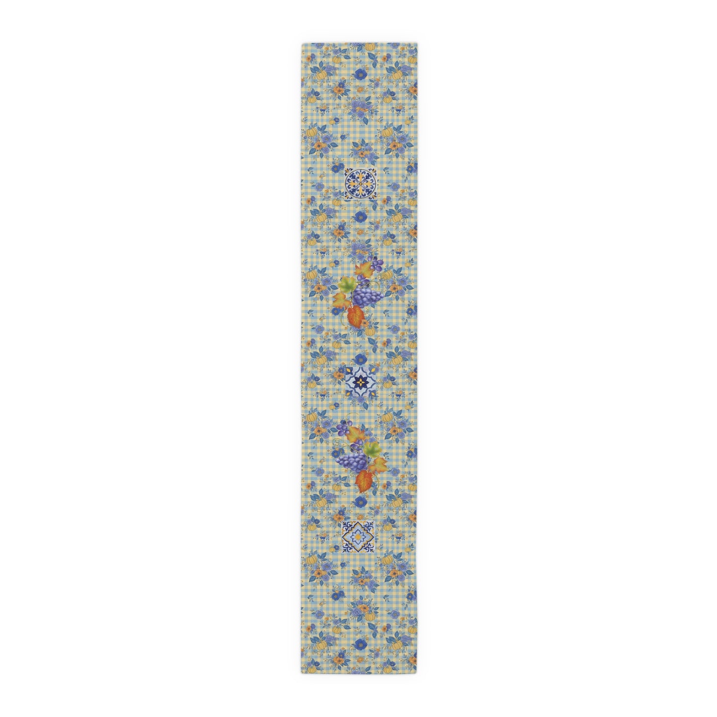 Grape & Pumpkin fall table runner, close view of the hemmed edge and gingham ground