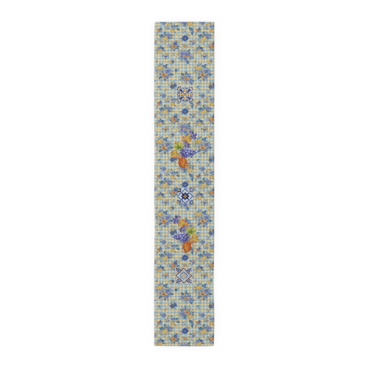 Grape & Pumpkin fall table runner, close view of the hemmed edge and gingham ground