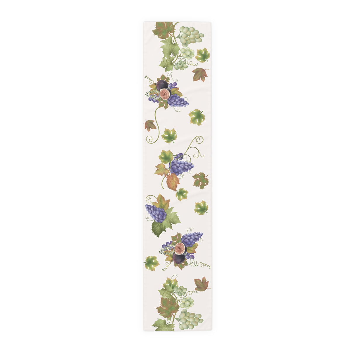 Fig & Grape fall table runner, watercolour figs and grapes on cream, on a laid dining table