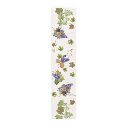 Fig & Grape fall table runner, watercolour figs and grapes on cream, on a laid dining table