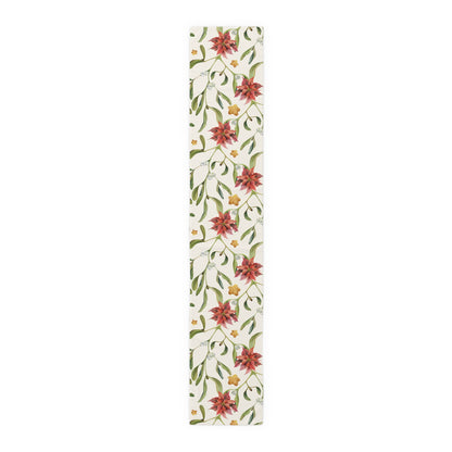 Poinsettia & Mistletoe Christmas table runner, poinsettia and mistletoe print shown full length