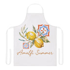 Amalfi Summer apron laid flat, showing the lemon and citrus print with hand-lettered Amalfi Summer wording