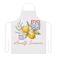 Amalfi Summer apron laid flat, showing the lemon and citrus print with hand-lettered Amalfi Summer wording