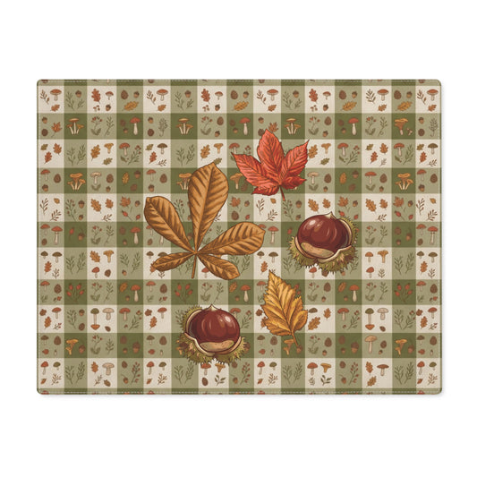 Chestnut & Mushroom fall placemat, olive green gingham with chestnuts and mushrooms, on a wooden table