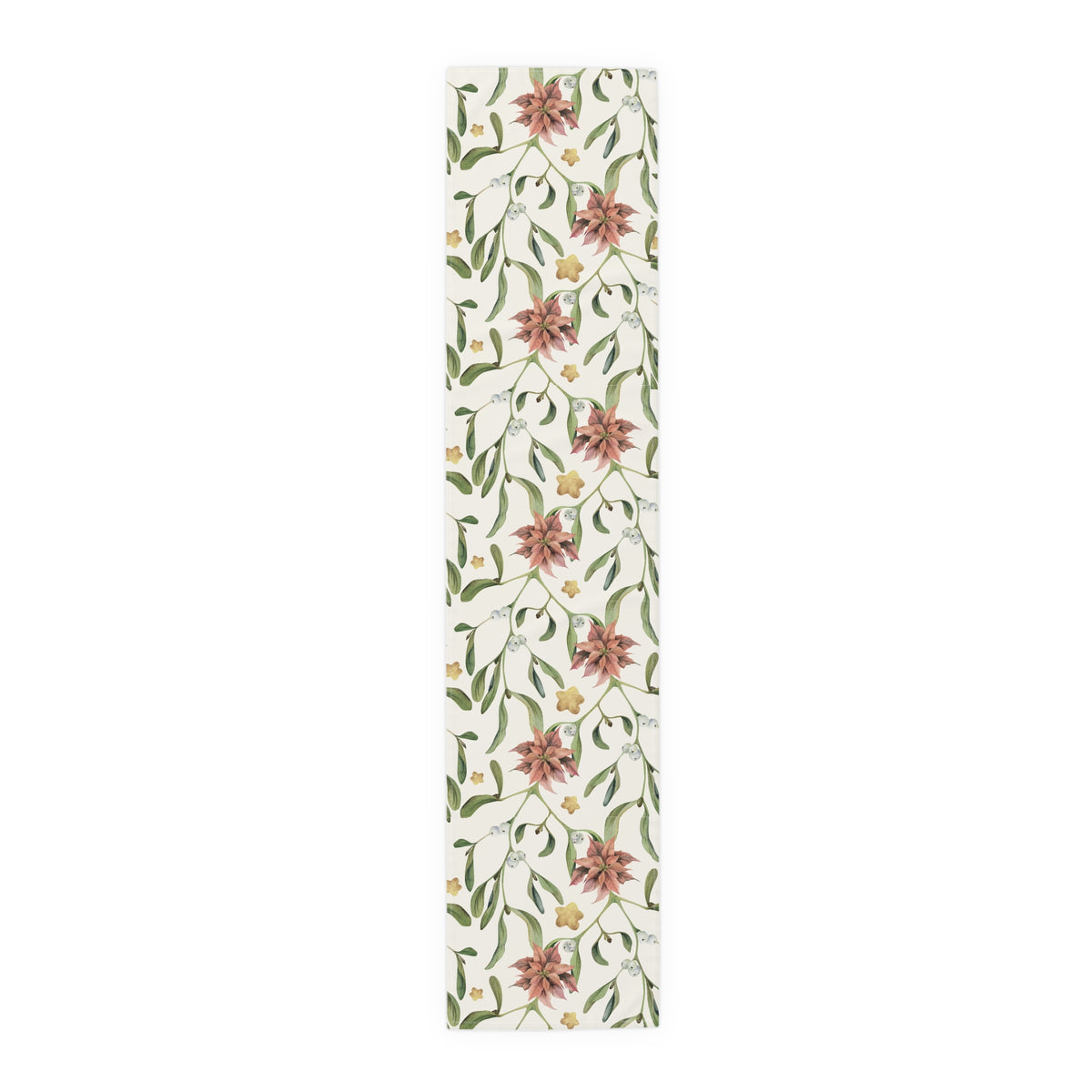 Poinsettia & Mistletoe Christmas table runner, red poinsettias and mistletoe on cream, on a laid dining table