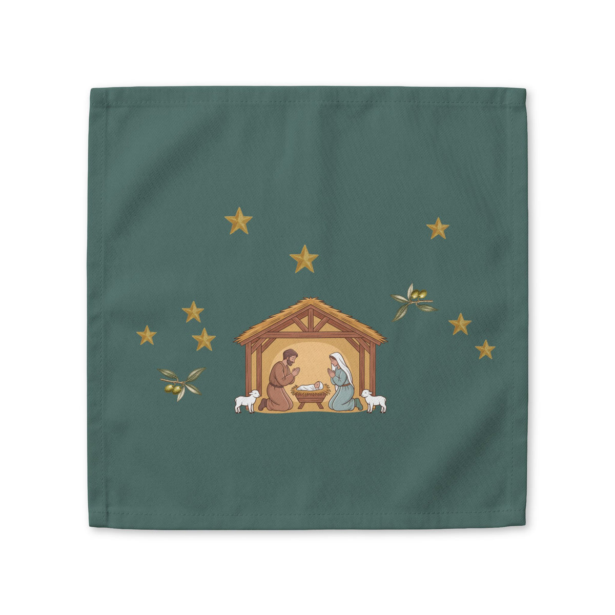 Nativity & Olive Christmas cloth napkin shown flat, a nativity stable with gold stars and olive sprigs on deep green