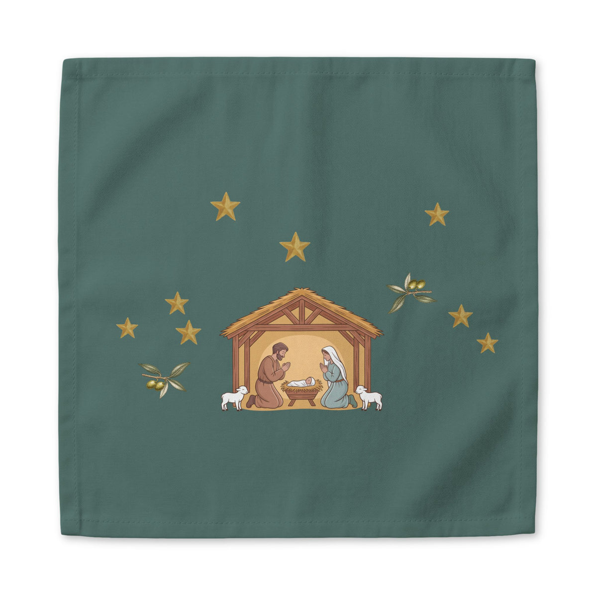 Close-up of the Nativity & Olive Christmas cloth napkin print, two lambs at the door of the stable