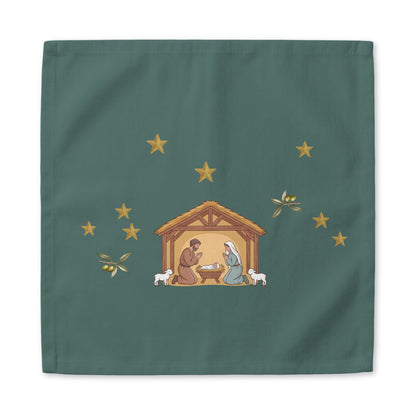 Close-up of the Nativity & Olive Christmas cloth napkin print, two lambs at the door of the stable