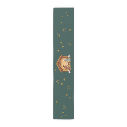 Nativity & Olive Christmas table runner, nativity scene print shown full length on deep green
