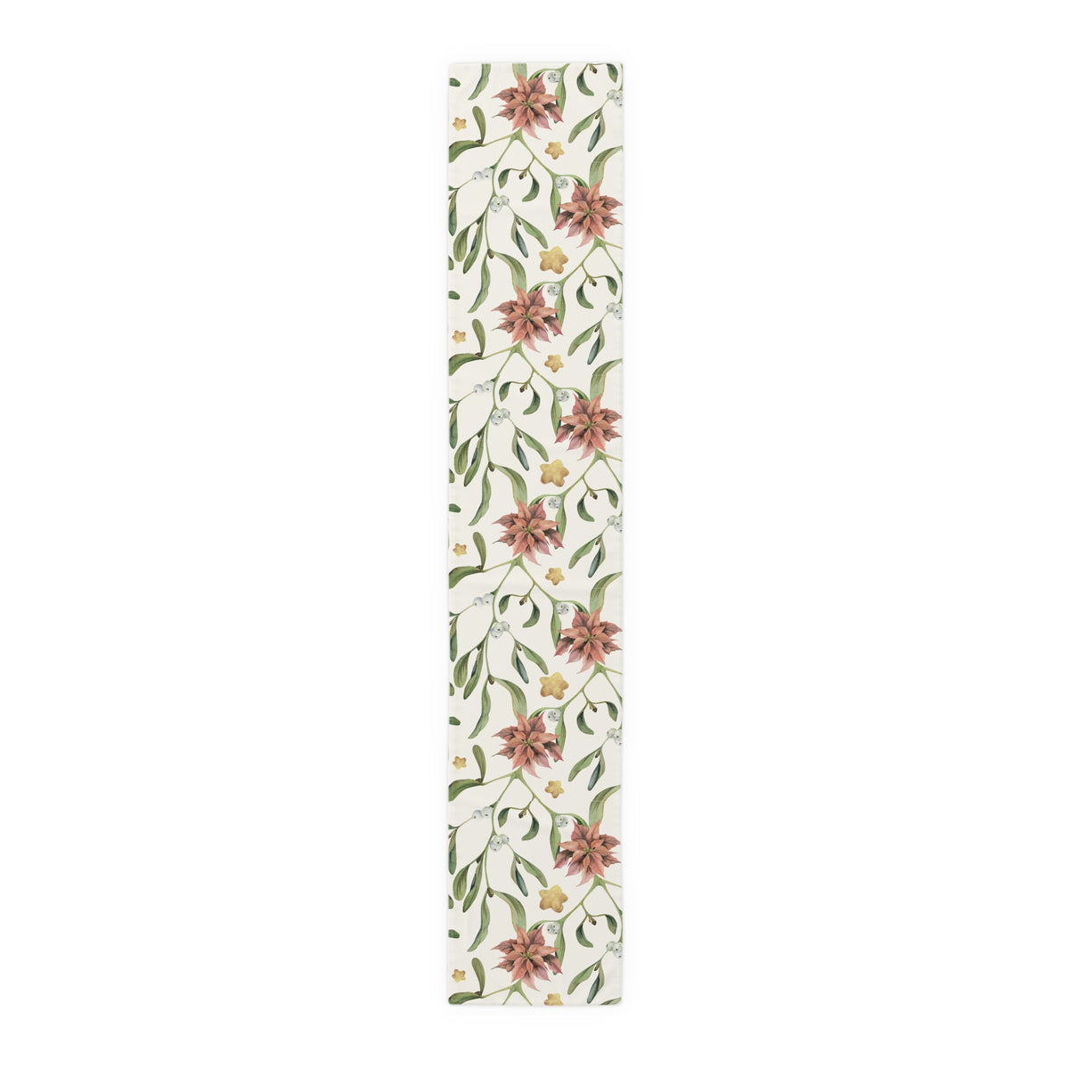 Poinsettia & Mistletoe Christmas table runner, red poinsettias and white berries on a cream ground, set for Christmas