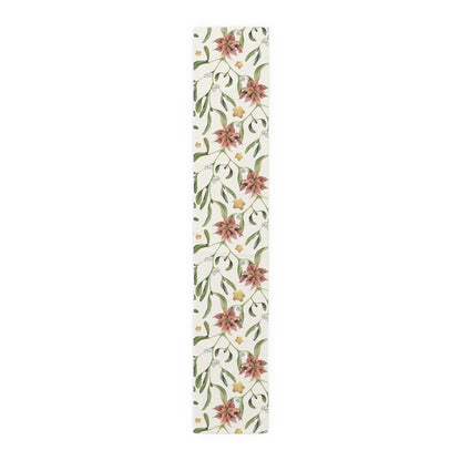 Poinsettia & Mistletoe Christmas table runner, red poinsettias and white berries on a cream ground, set for Christmas