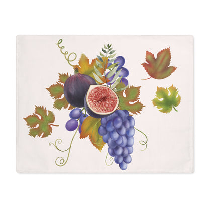 Fig & Grape fall placemat, watercolour figs and grapes on cream, on a wooden table