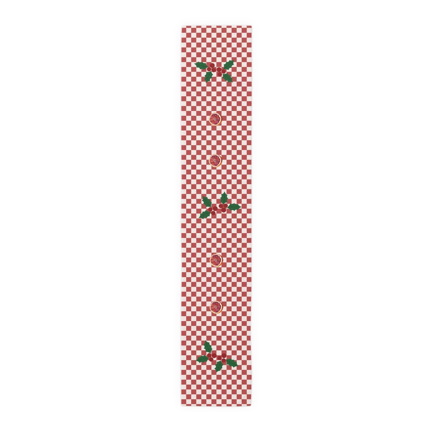 Blood orange check Christmas table runner laid flat, the longer length shown end to end