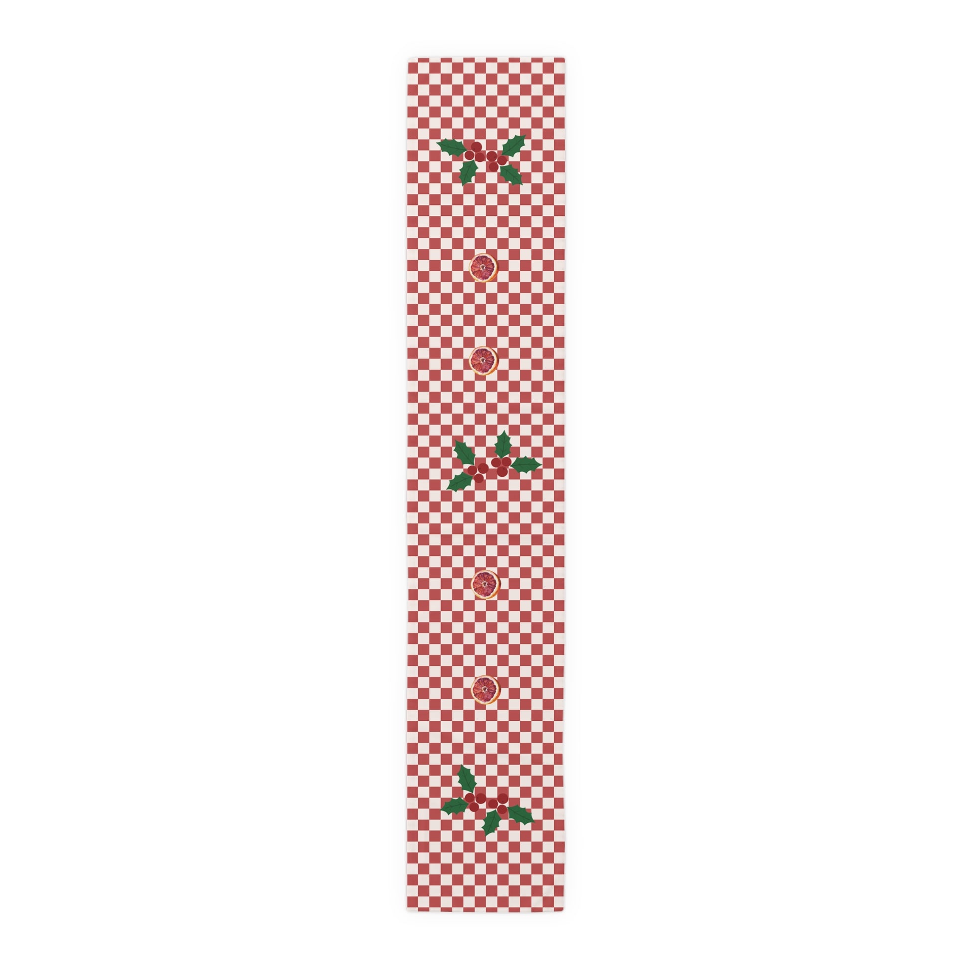 Blood orange check Christmas table runner laid flat, the longer length shown end to end