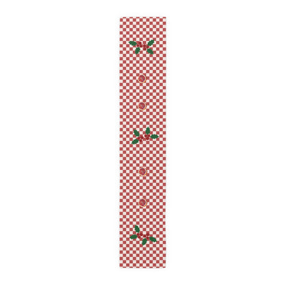 Blood orange check Christmas table runner laid flat, the longer length shown end to end
