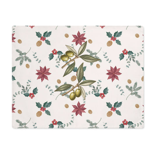 Poinsettia and olive Christmas placemat laid flat, with poinsettias, red holly berries, gold pine cones and olive branches on cream