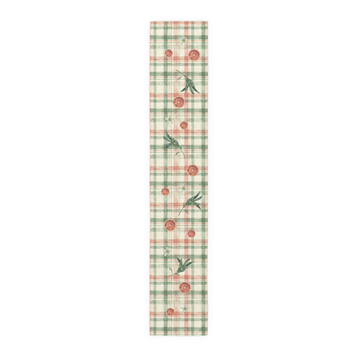 Blood Orange & Olive Plaid Christmas table runner, sliced blood oranges on a red and sage green check, set for Christmas