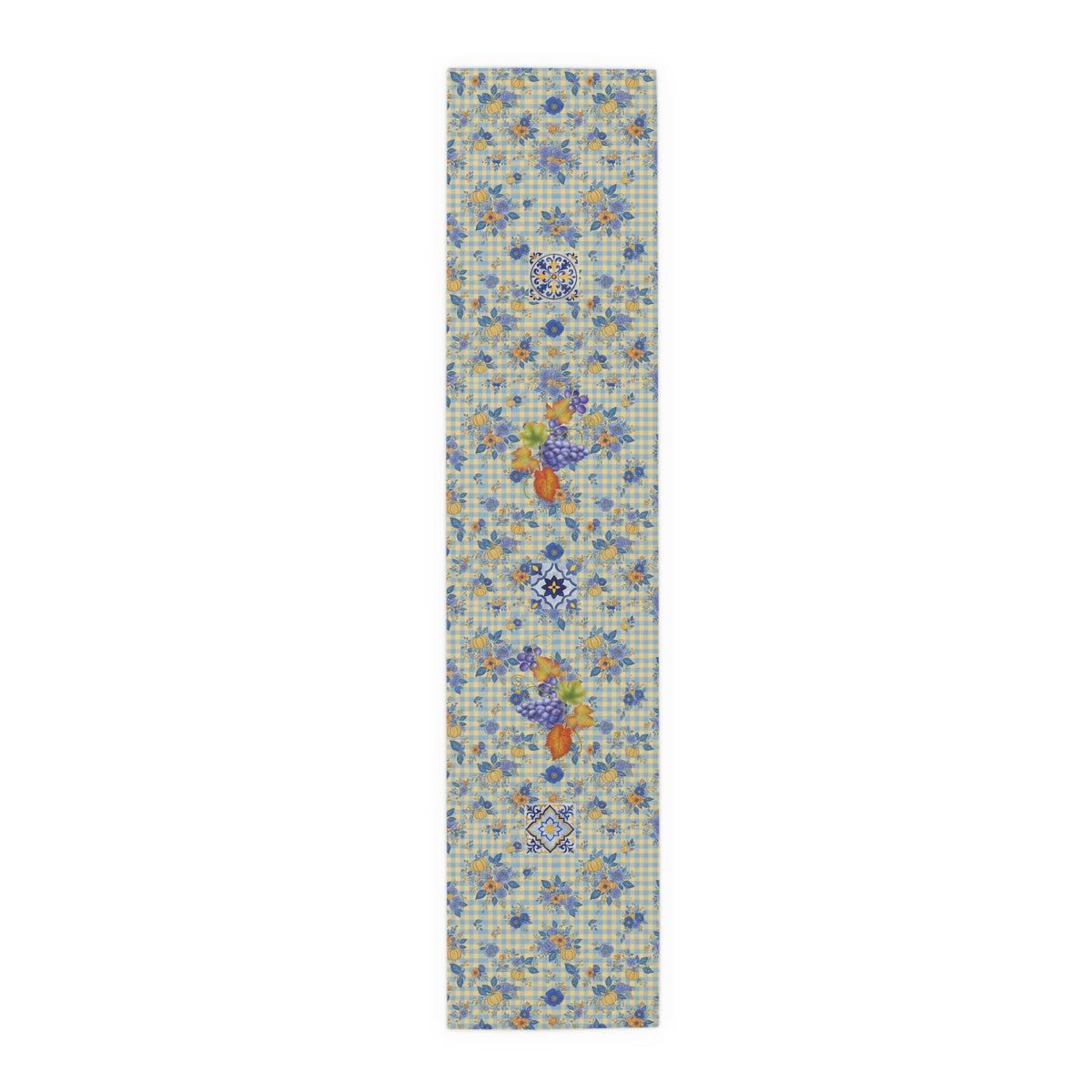 Grape & Pumpkin fall table runner, majolica tiles and pale pumpkins in the print, styled with autumn tableware