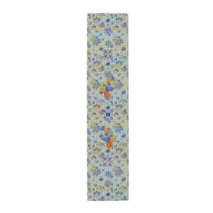 Grape & Pumpkin fall table runner, majolica tiles and pale pumpkins in the print, styled with autumn tableware
