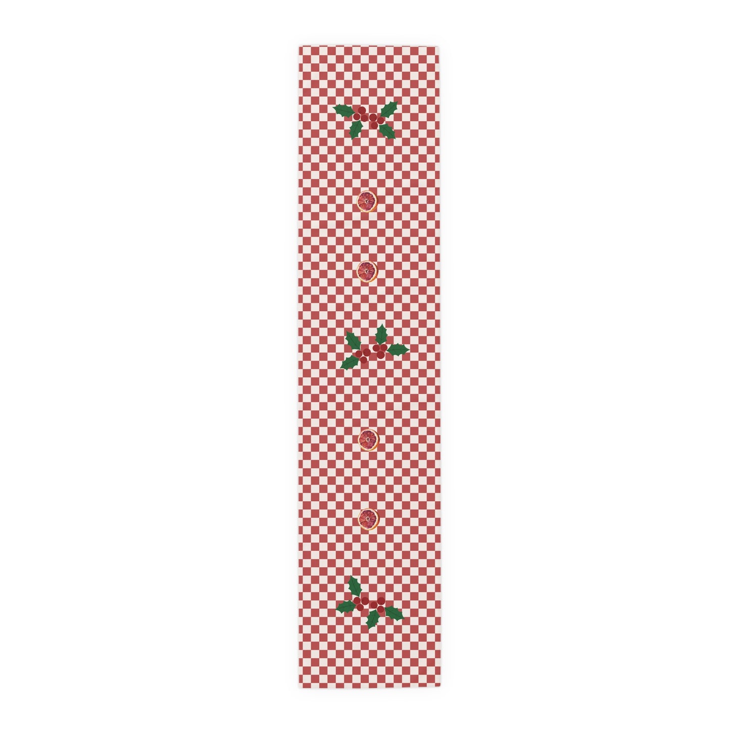 Blood orange check Christmas table runner laid flat, showing the checkerboard along its full length