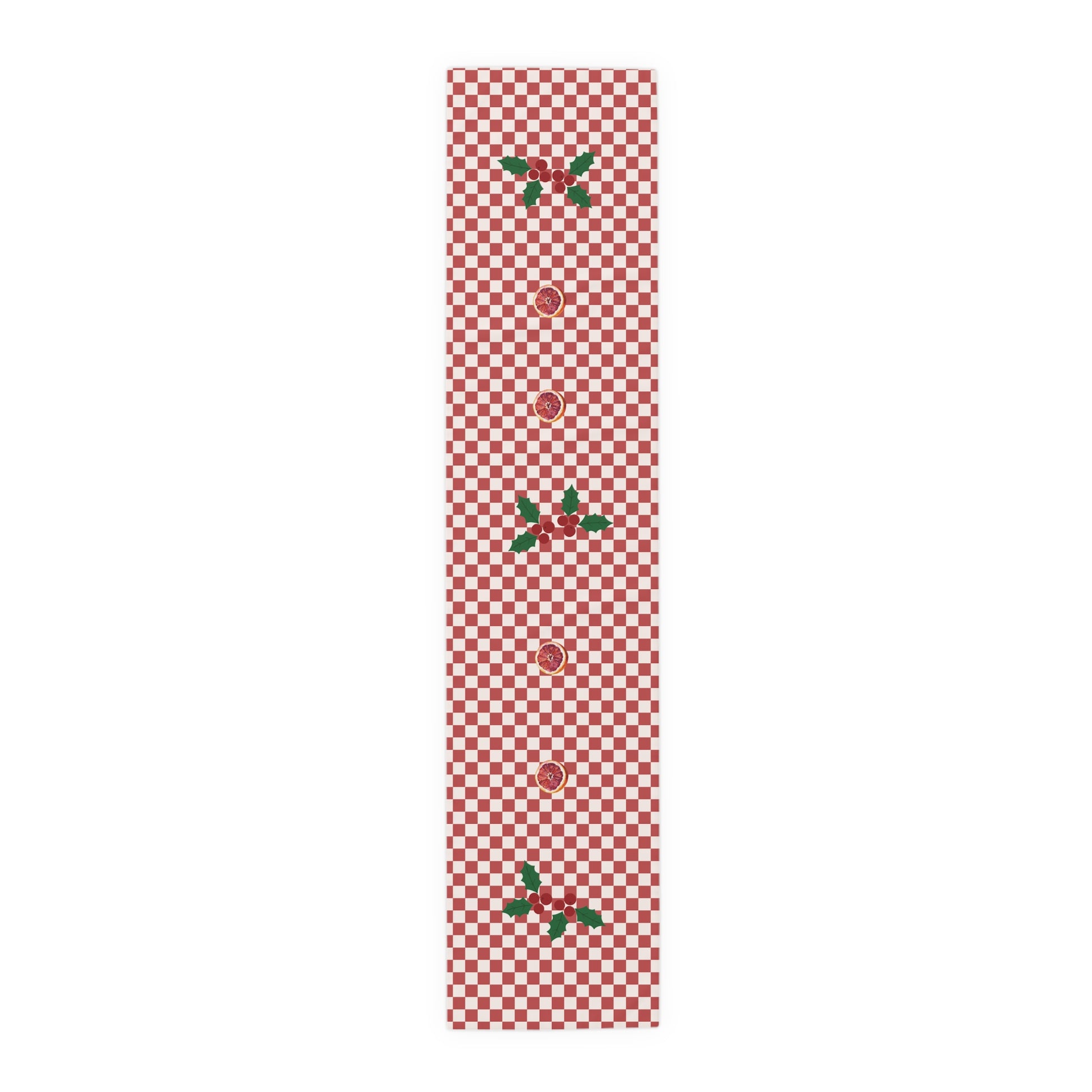 Blood orange check Christmas table runner laid flat, showing the checkerboard along its full length