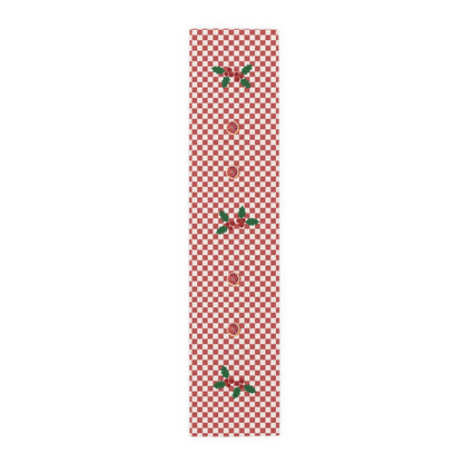 Blood orange check Christmas table runner laid flat, showing the checkerboard along its full length