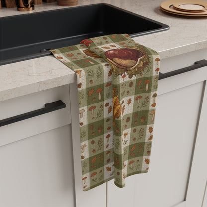 Chestnut & Mushroom fall tea towel, 16 by 25 inch kitchen towel shown flat