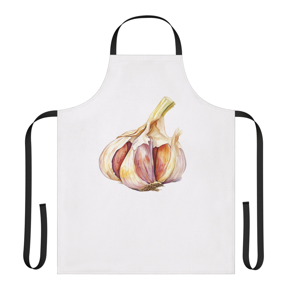Garlic apron laid flat in white with black straps, showing the garlic bulb print