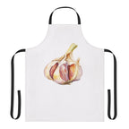 Garlic apron laid flat in white with black straps, showing the garlic bulb print